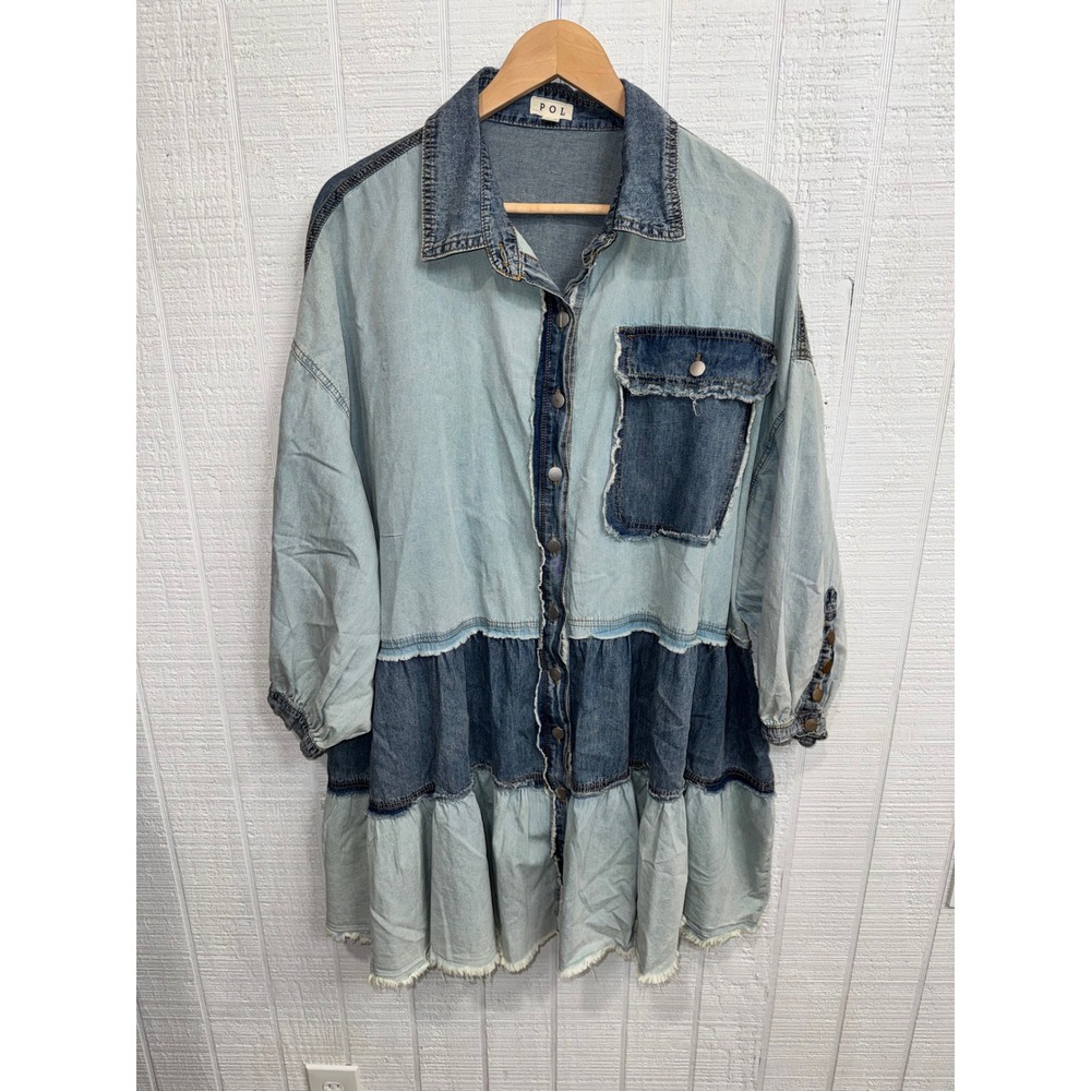 POL Denim Shirt Dress/Duster Womens Blue Patchwork Tiered Raw Hem WD3 PLUS OS